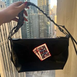 Hand painted custom black leather purse with Queen of hearts deck of cards